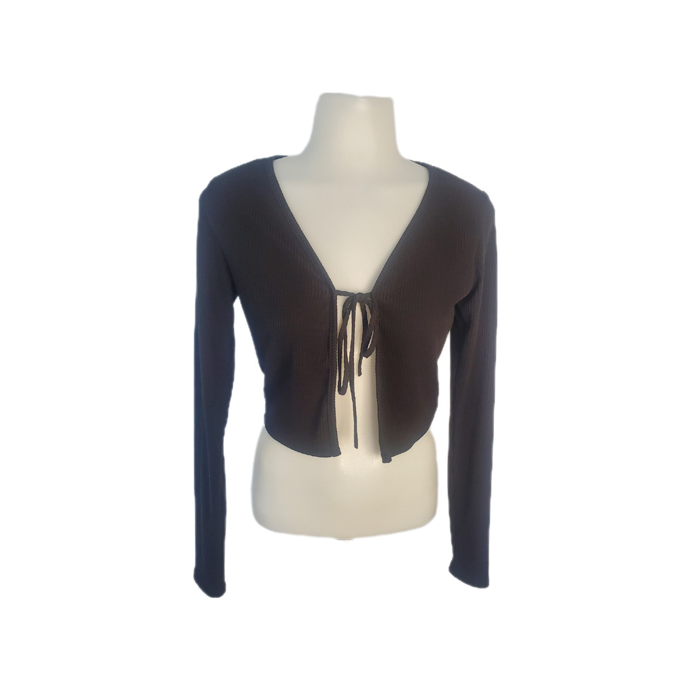 Fashion Nova black ribbed tie closure long sleeve sz medium